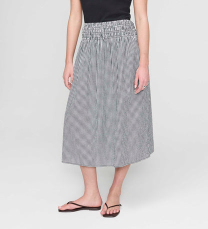 Valerie Black Gingham Cotton Shirred Waist Midi Skirt