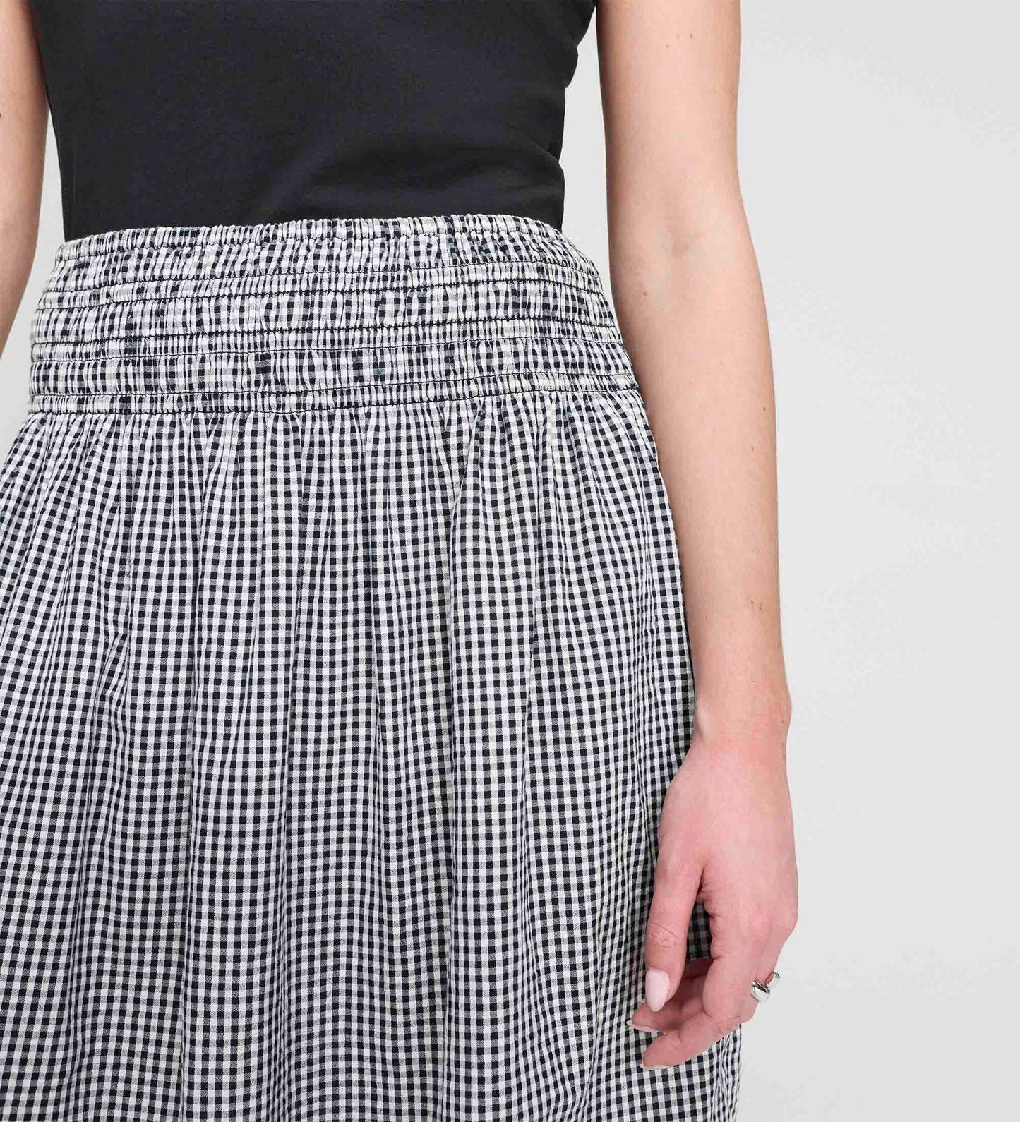 Valerie Black Gingham Cotton Shirred Waist Midi Skirt