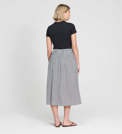 Valerie Black Gingham Cotton Shirred Waist Midi Skirt