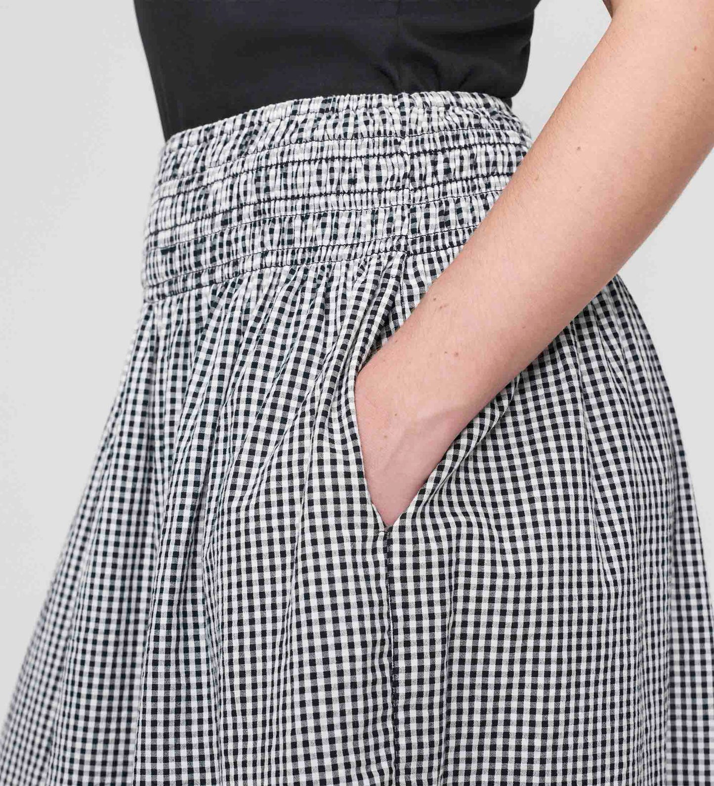 Valerie Black Gingham Cotton Shirred Waist Midi Skirt