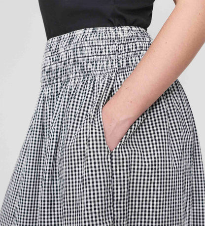 Valerie Black Gingham Cotton Shirred Waist Midi Skirt
