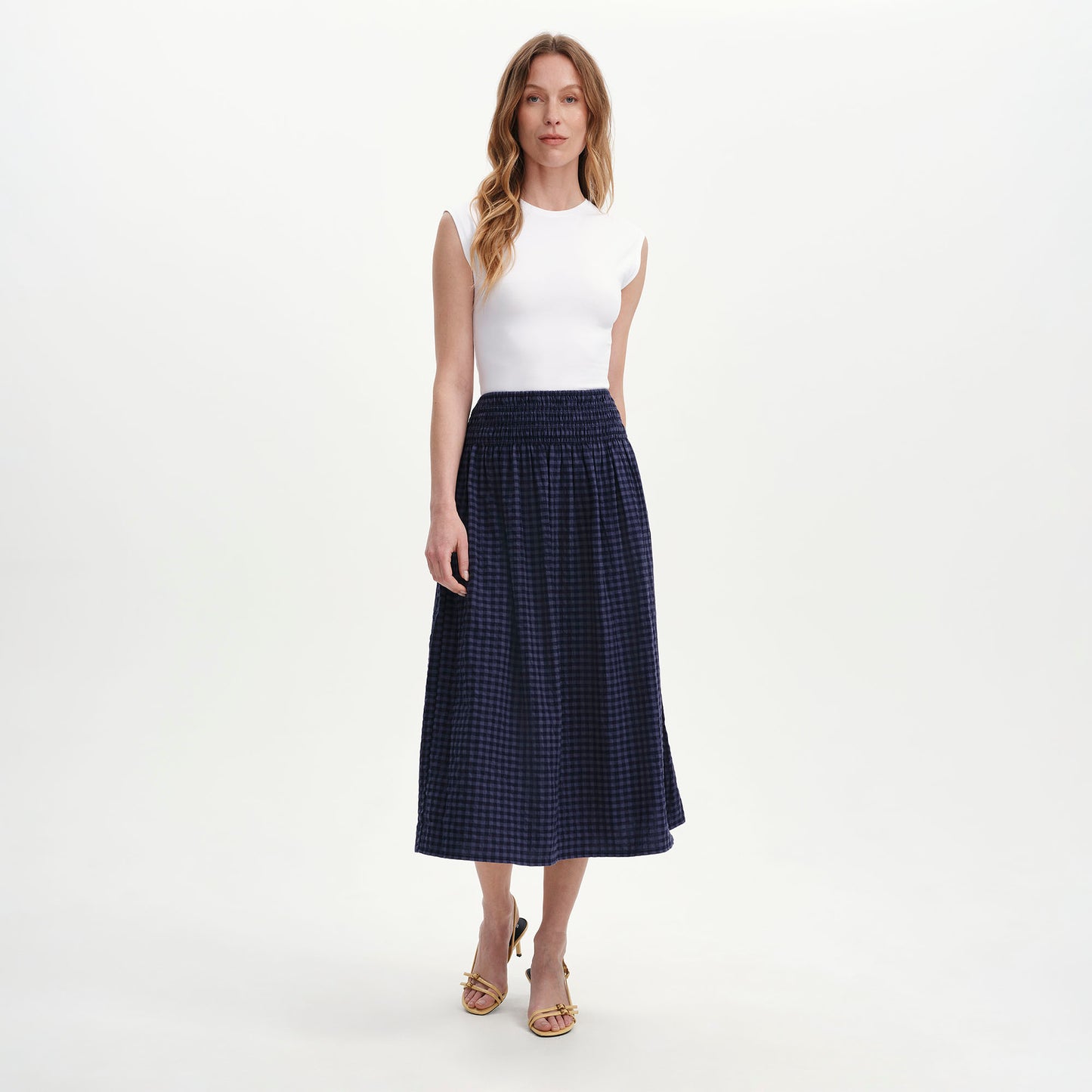 Vanessa Navy Gingham Seersucker Shirred Waist Midi Skirt