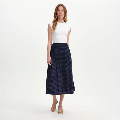 Vanessa Navy Gingham Seersucker Shirred Waist Midi Skirt