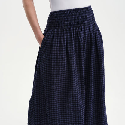Vanessa Navy Gingham Seersucker Shirred Waist Midi Skirt