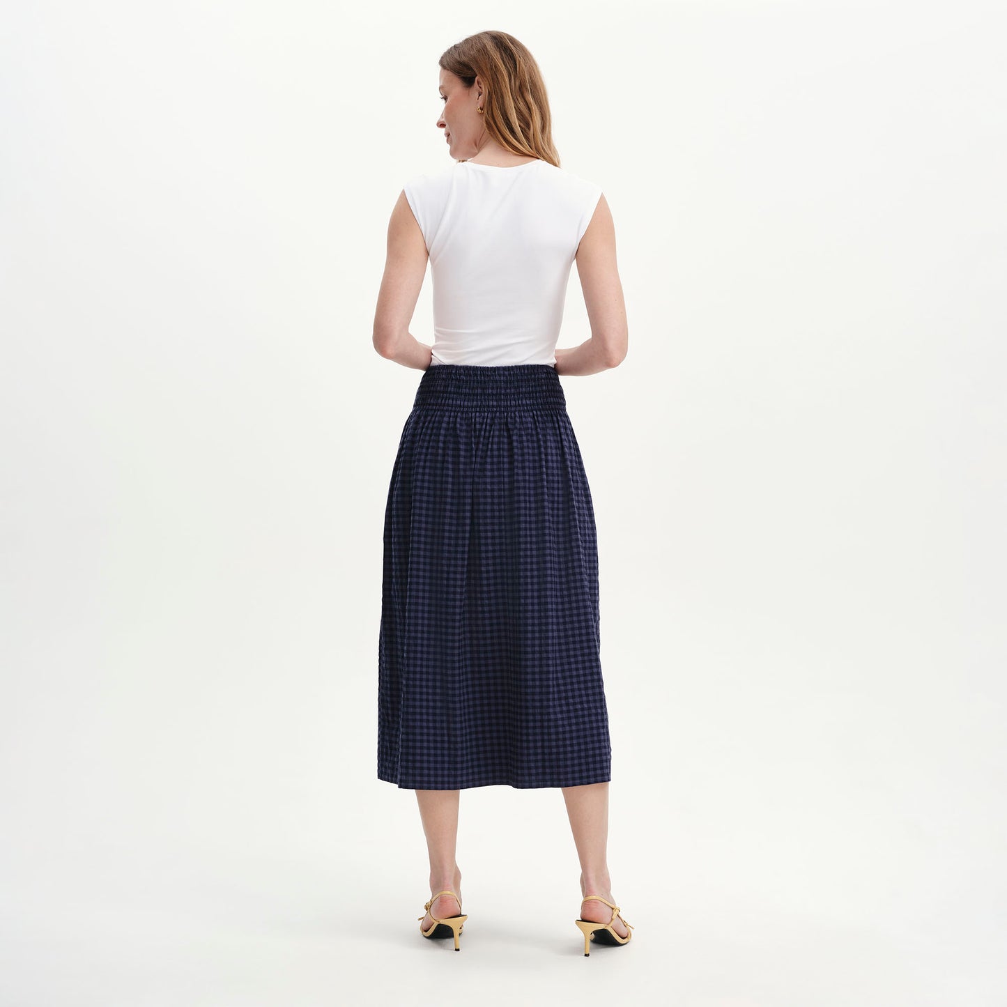 Vanessa Navy Gingham Seersucker Shirred Waist Midi Skirt