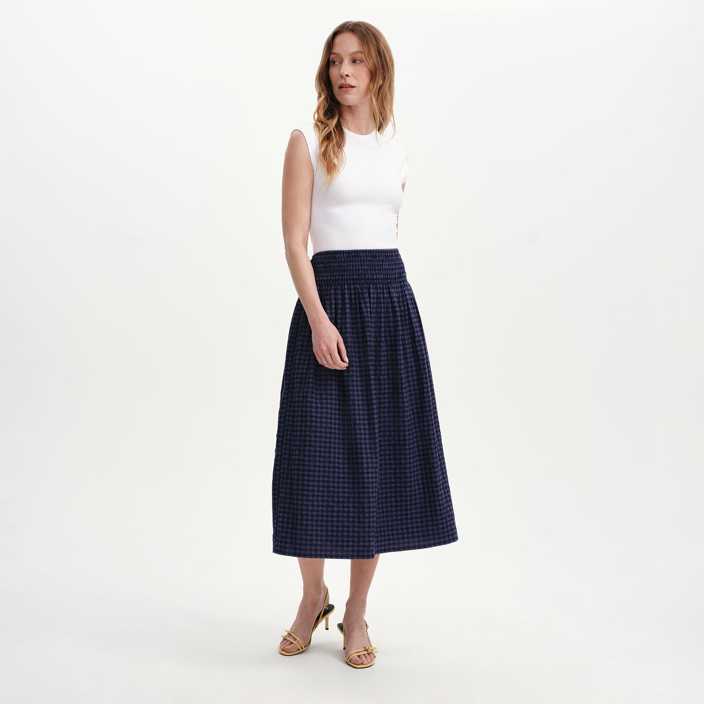 Vanessa Navy Gingham Seersucker Shirred Waist Midi Skirt