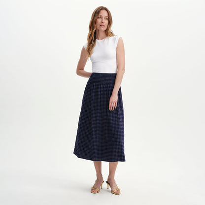 Vanessa Navy Gingham Seersucker Shirred Waist Midi Skirt