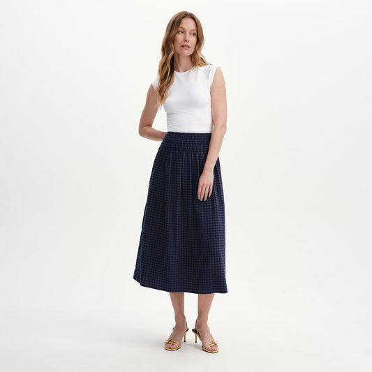 Vanessa Navy Gingham Seersucker Shirred Waist Midi Skirt