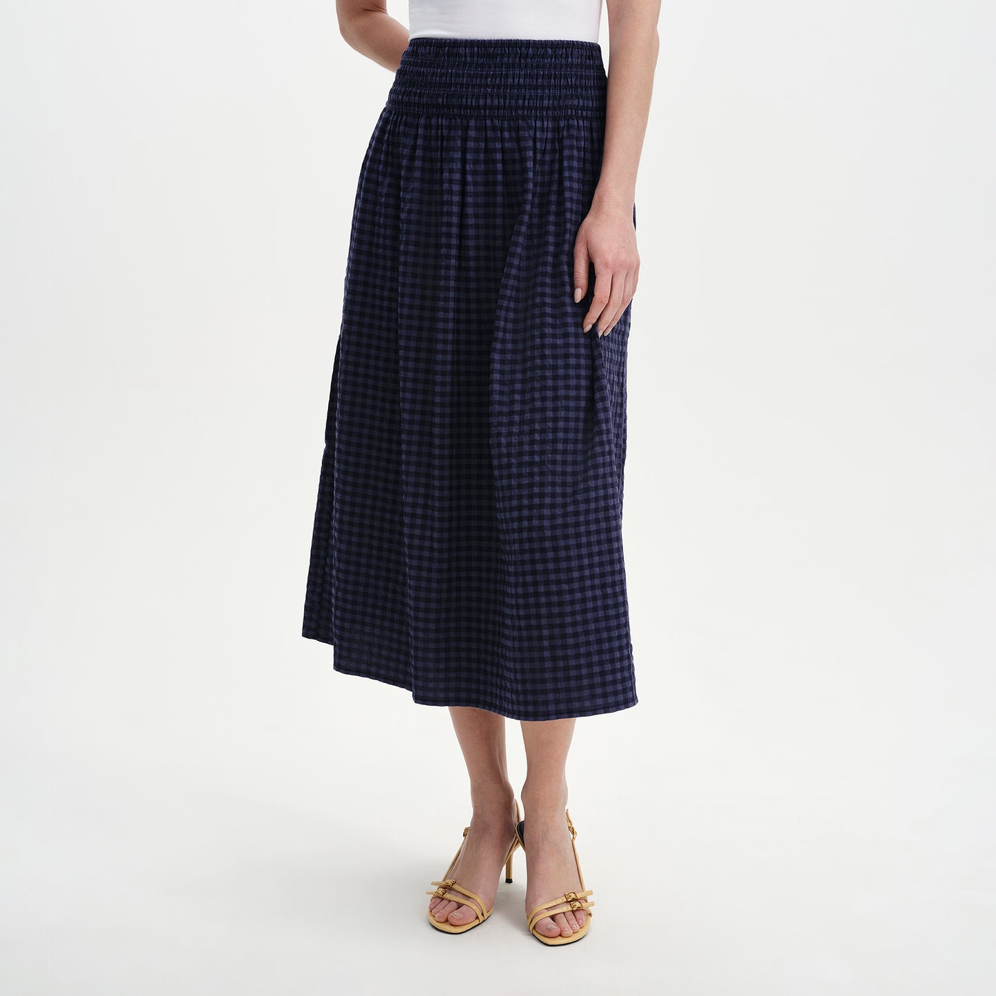 Vanessa Navy Gingham Seersucker Shirred Waist Midi Skirt