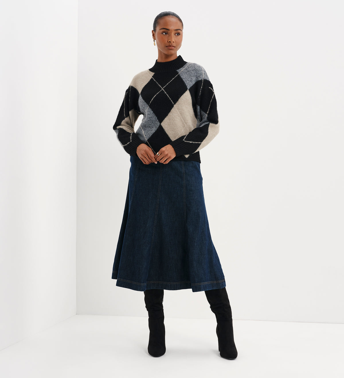 Veda Black Argyle Wool Blend High Neck Jumper
