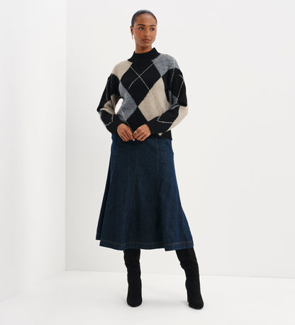 Veda Black Argyle Wool Blend High Neck Jumper