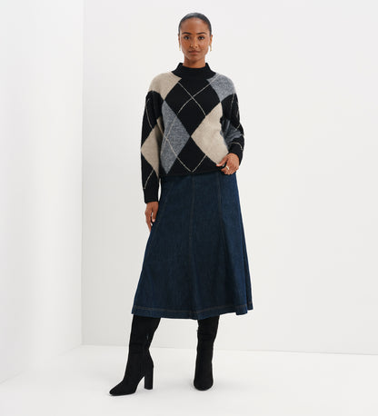 Veda Black Argyle Wool Blend High Neck Jumper