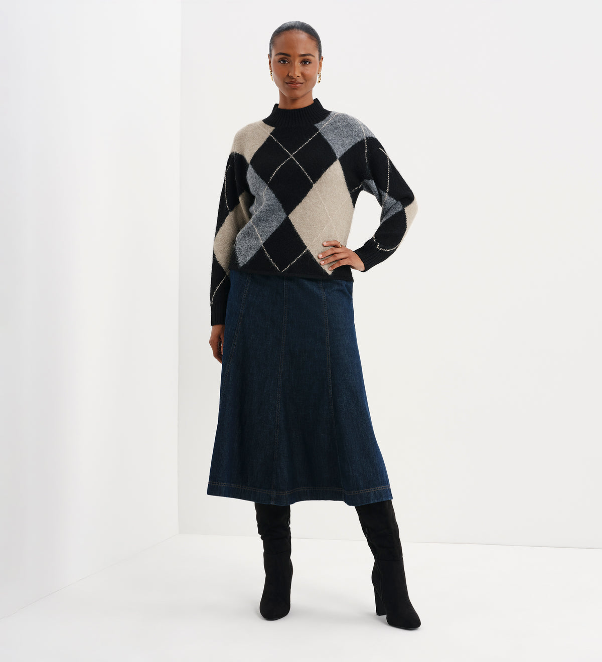 Veda Black Argyle Wool Blend High Neck Jumper
