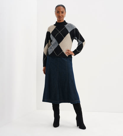 Veda Black Argyle Wool Blend High Neck Jumper