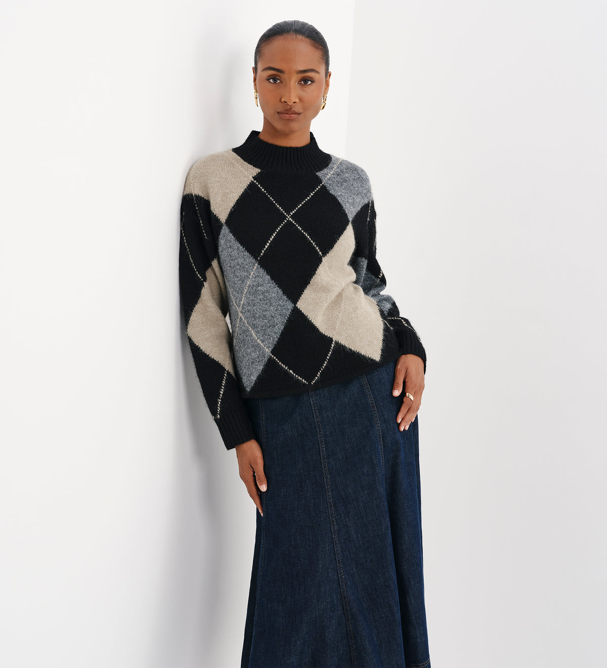 Veda Black Argyle Wool Blend High Neck Jumper