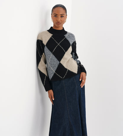 Veda Black Argyle Wool Blend High Neck Jumper