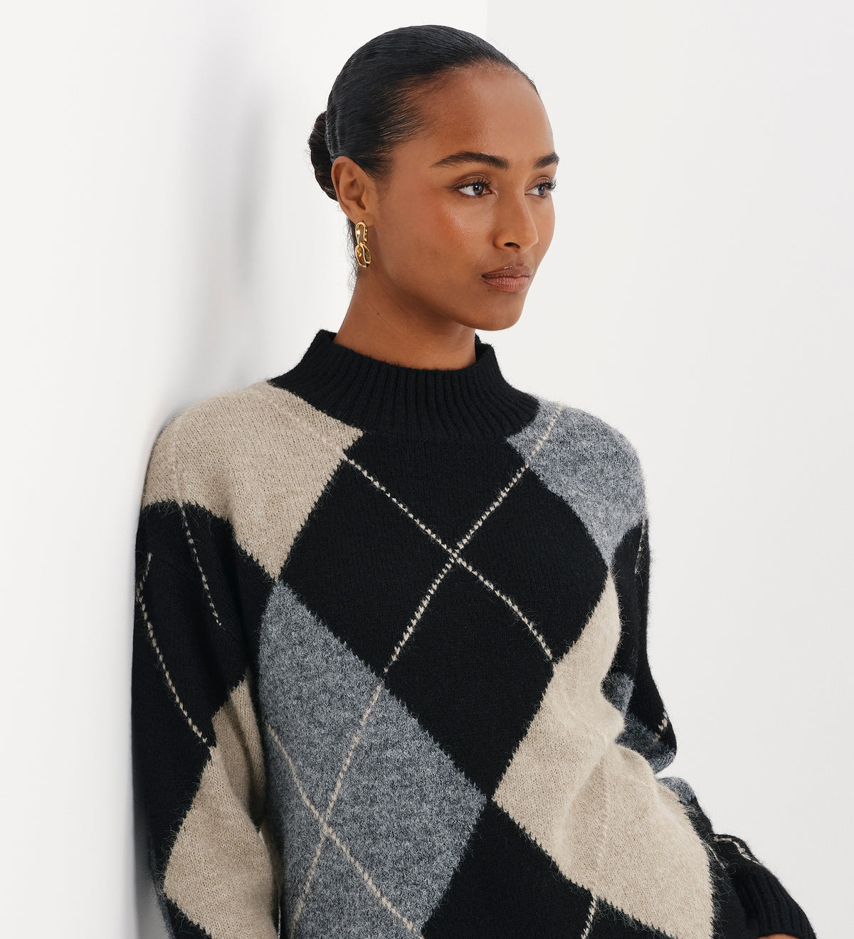 Veda Black Argyle Wool Blend High Neck Jumper