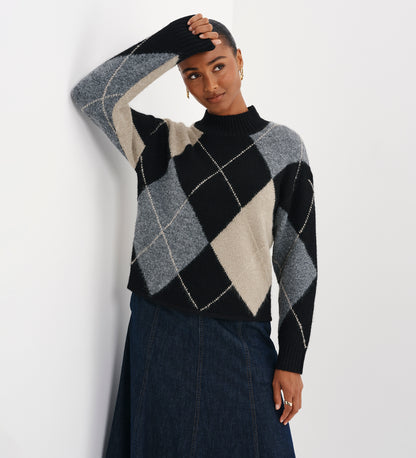 Veda Black Argyle Wool Blend High Neck Jumper