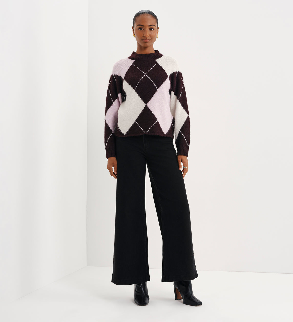 Veda Plum Argyle Wool Blend High Neck Jumper