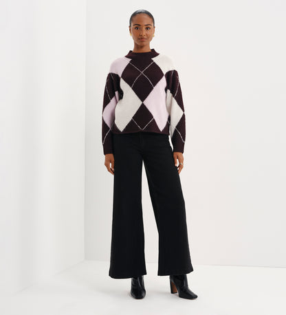 Veda Plum Argyle Wool Blend High Neck Jumper