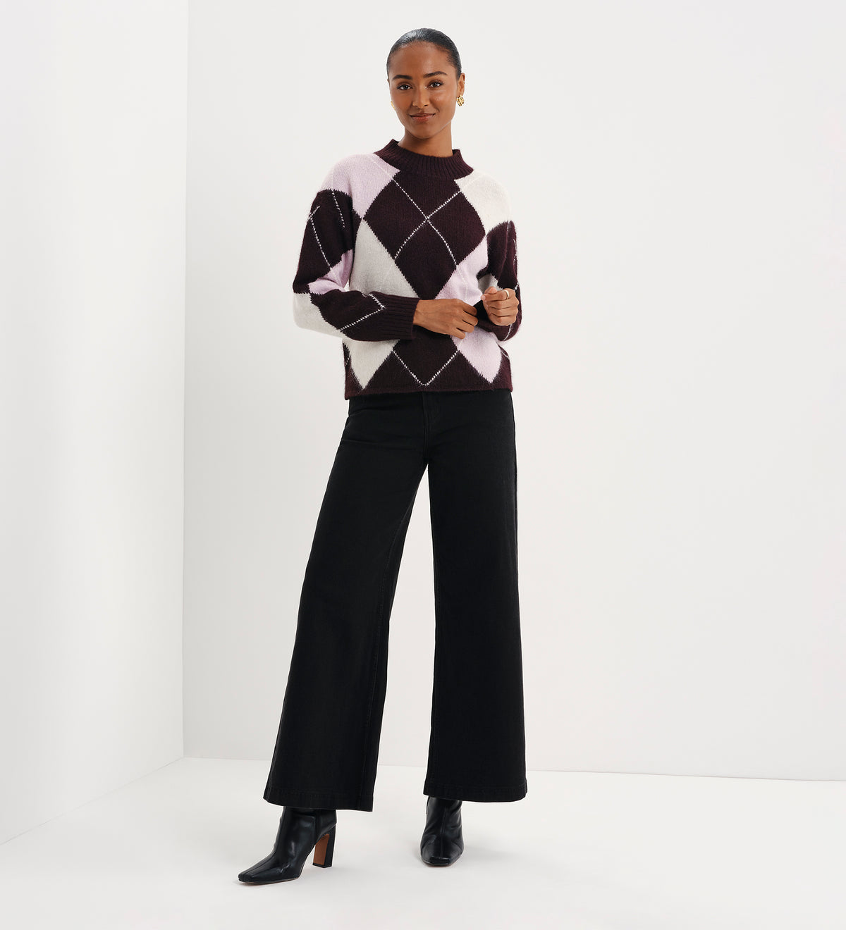 Veda Plum Argyle Wool Blend High Neck Jumper