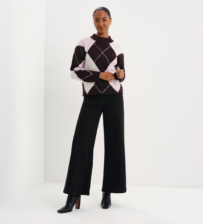 Veda Plum Argyle Wool Blend High Neck Jumper