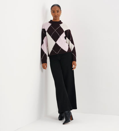 Veda Plum Argyle Wool Blend High Neck Jumper