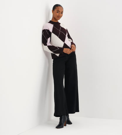 Veda Plum Argyle Wool Blend High Neck Jumper