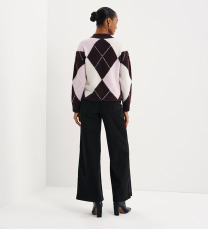Veda Plum Argyle Wool Blend High Neck Jumper
