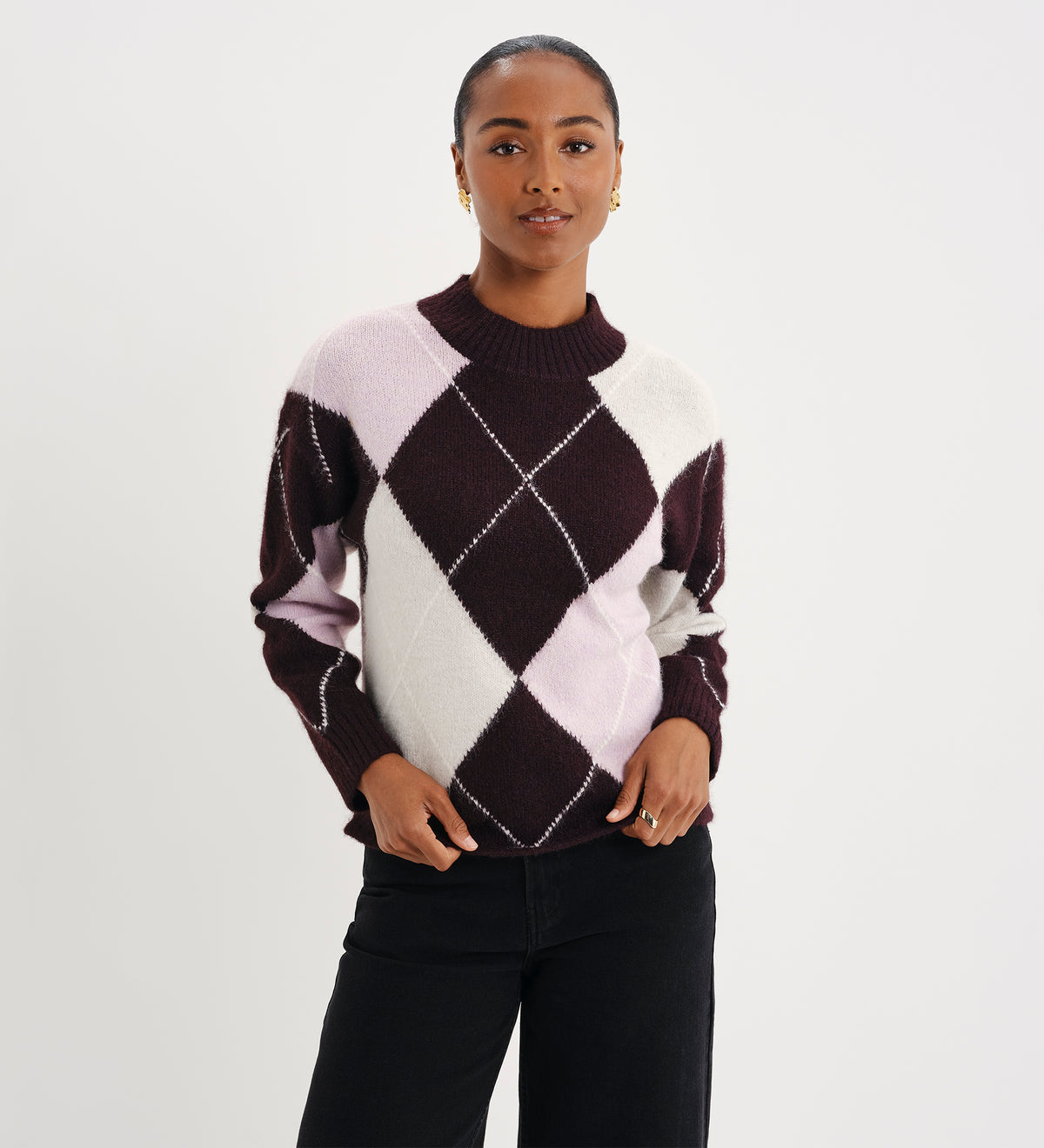 Veda Plum Argyle Wool Blend High Neck Jumper