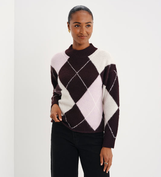 Veda Plum Argyle Wool Blend High Neck Jumper