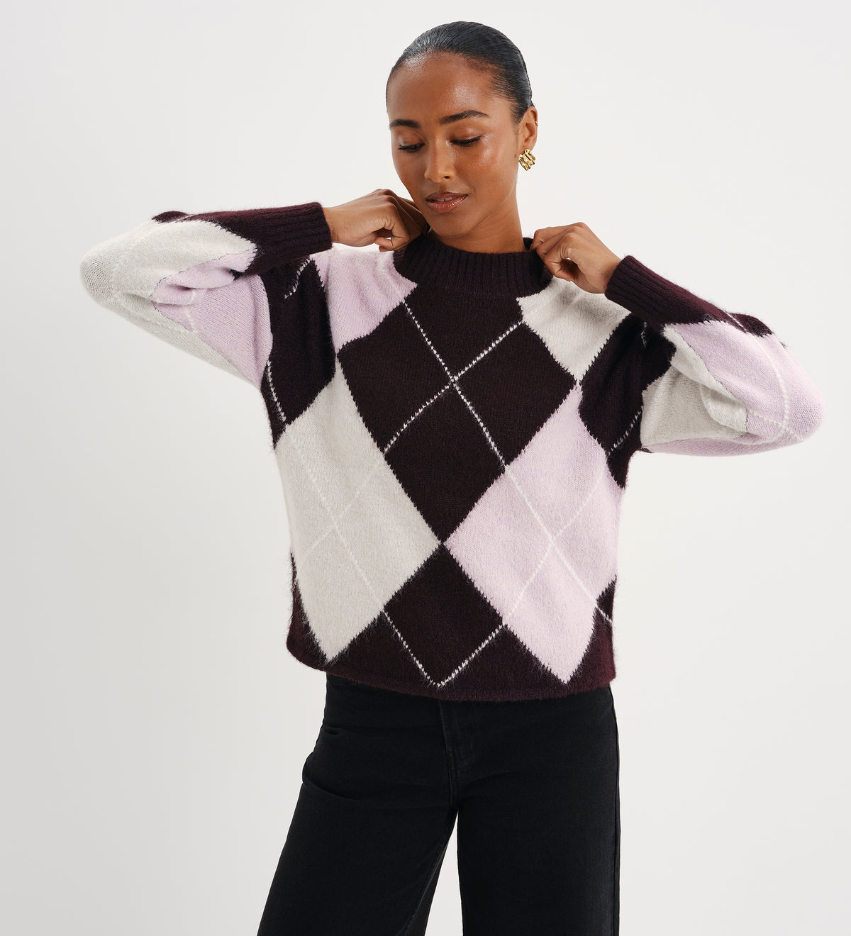 Veda Plum Argyle Wool Blend High Neck Jumper
