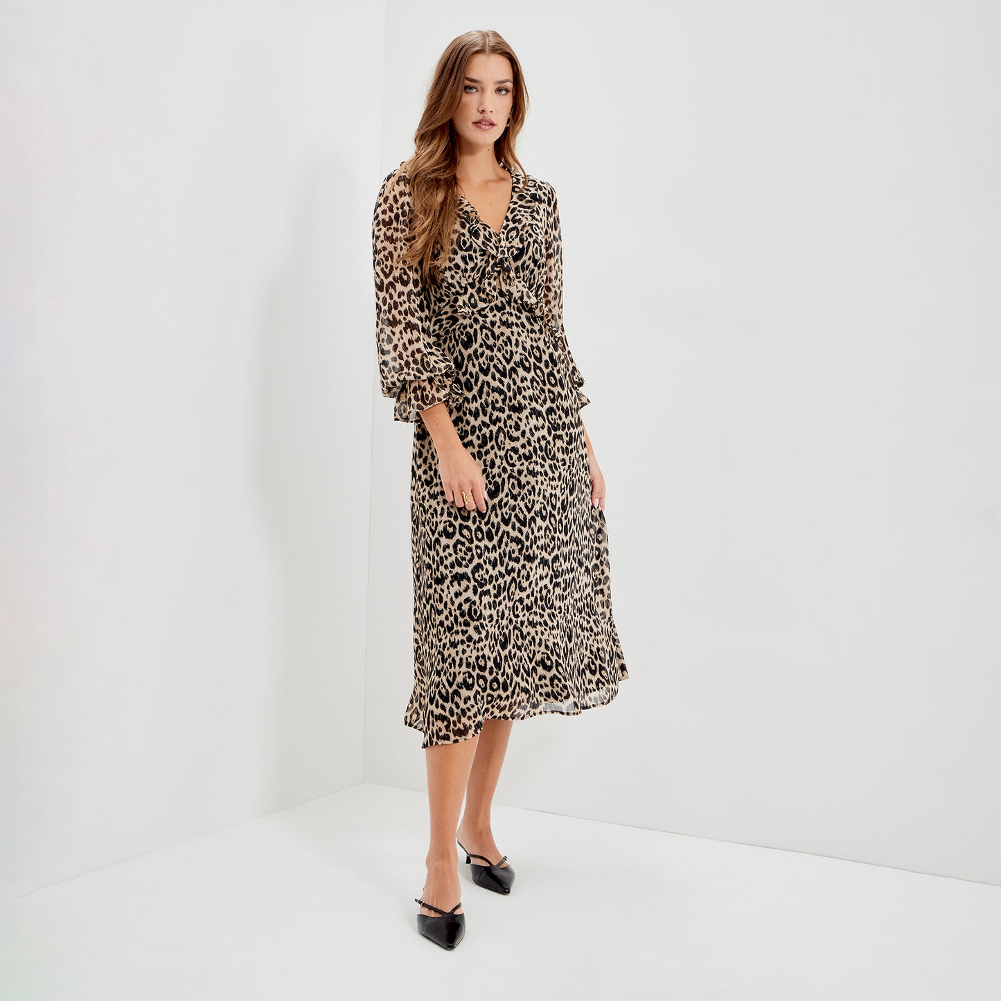 Veronica Natural Animal Ruffle Empire Waist Midi Dress