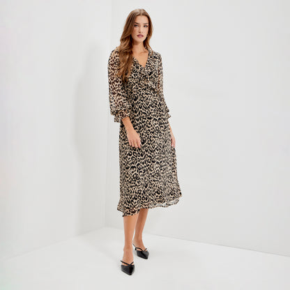 Veronica Natural Animal Ruffle Empire Waist Midi Dress