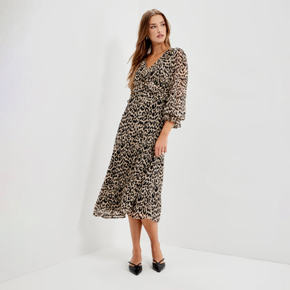 Veronica Natural Animal Ruffle Empire Waist Midi Dress