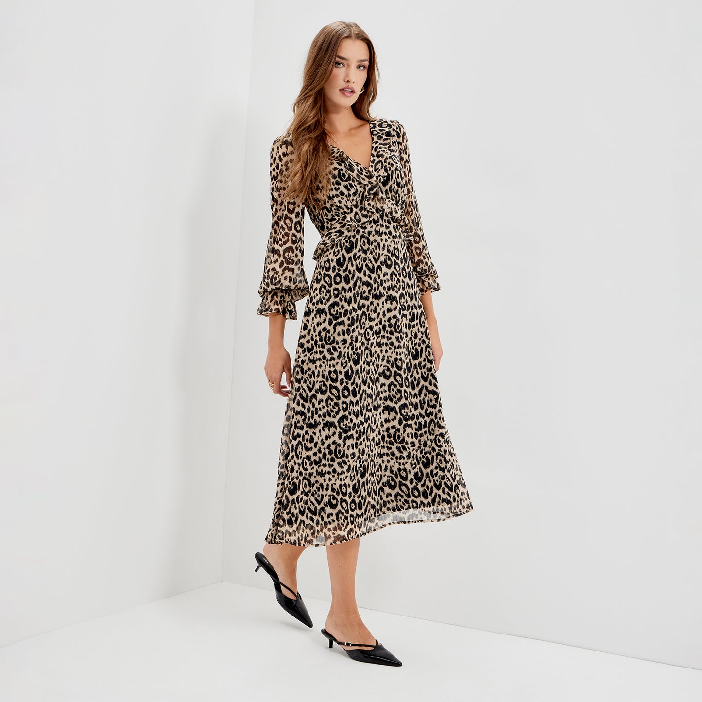 Veronica Natural Animal Ruffle Empire Waist Midi Dress