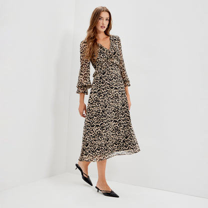 Veronica Natural Animal Ruffle Empire Waist Midi Dress