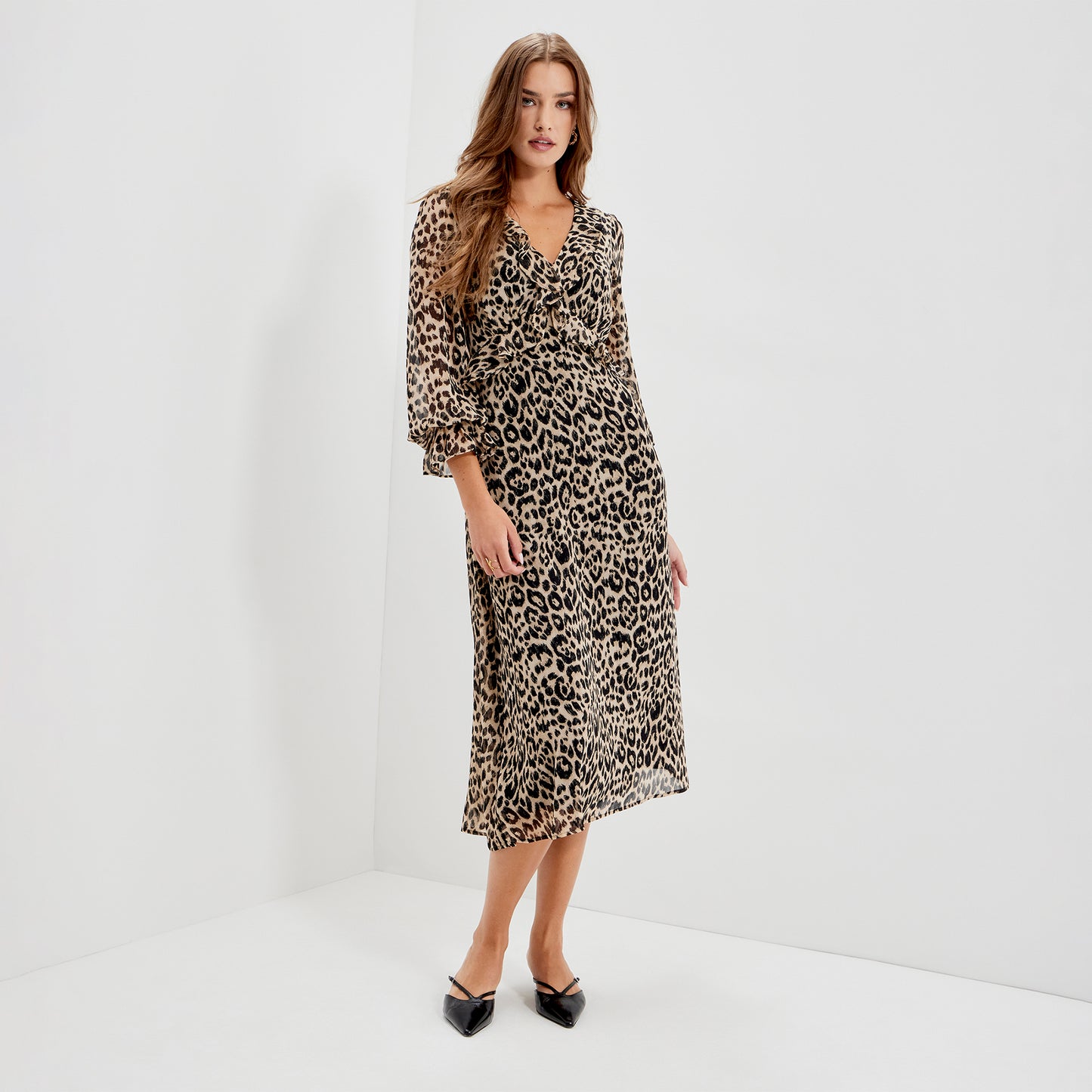 Veronica Natural Animal Ruffle Empire Waist Midi Dress