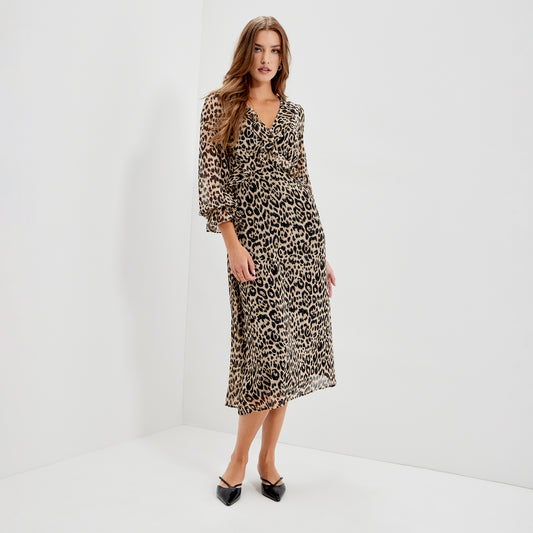Veronica Natural Animal Ruffle Empire Waist Midi Dress