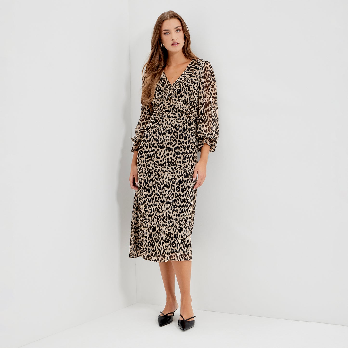 Veronica Natural Animal Ruffle Empire Waist Midi Dress