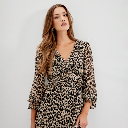 Veronica Natural Animal Ruffle Empire Waist Midi Dress