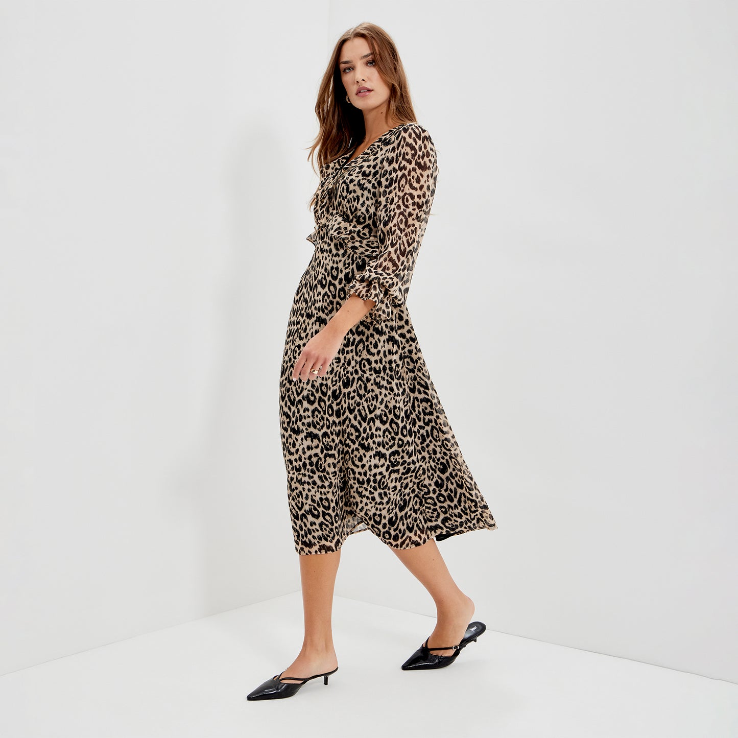 Veronica Natural Animal Ruffle Empire Waist Midi Dress