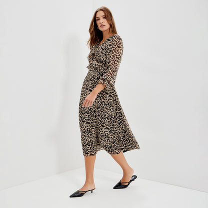 Veronica Natural Animal Ruffle Empire Waist Midi Dress