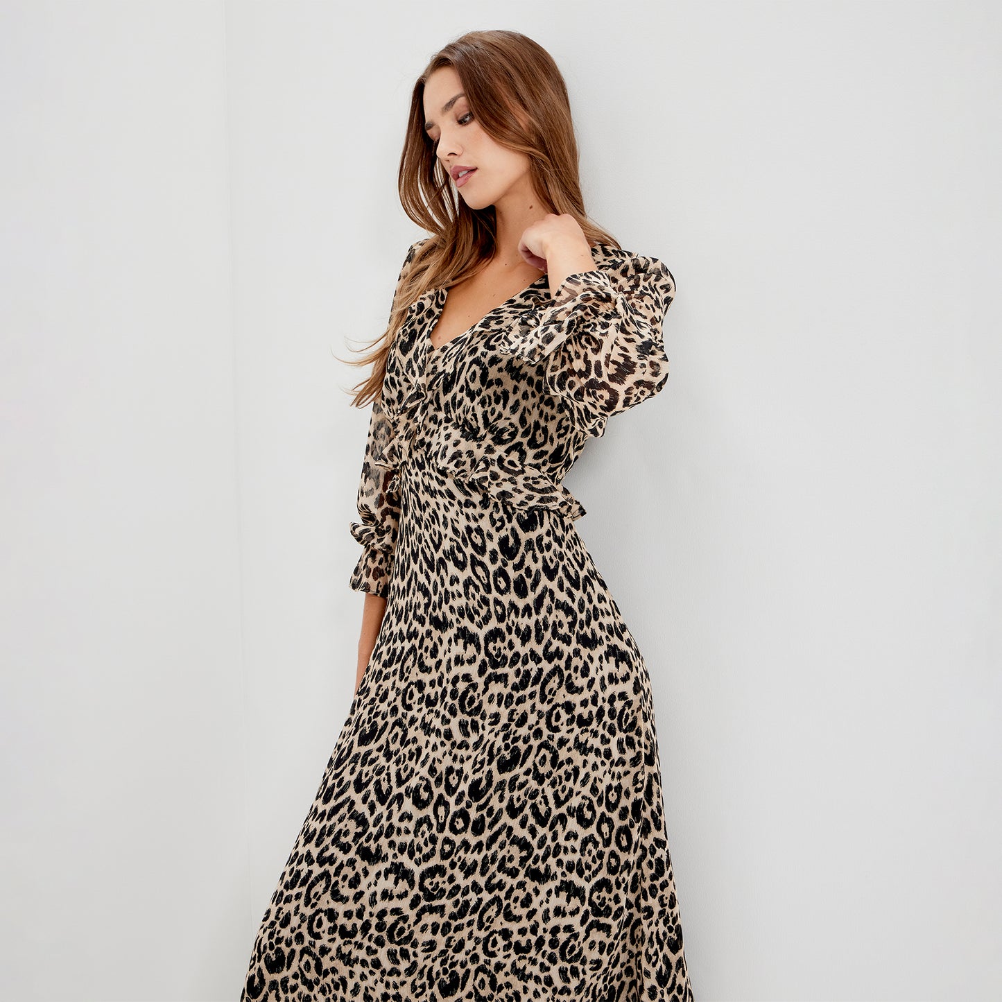 Veronica Natural Animal Ruffle Empire Waist Midi Dress