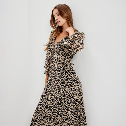 Veronica Natural Animal Ruffle Empire Waist Midi Dress
