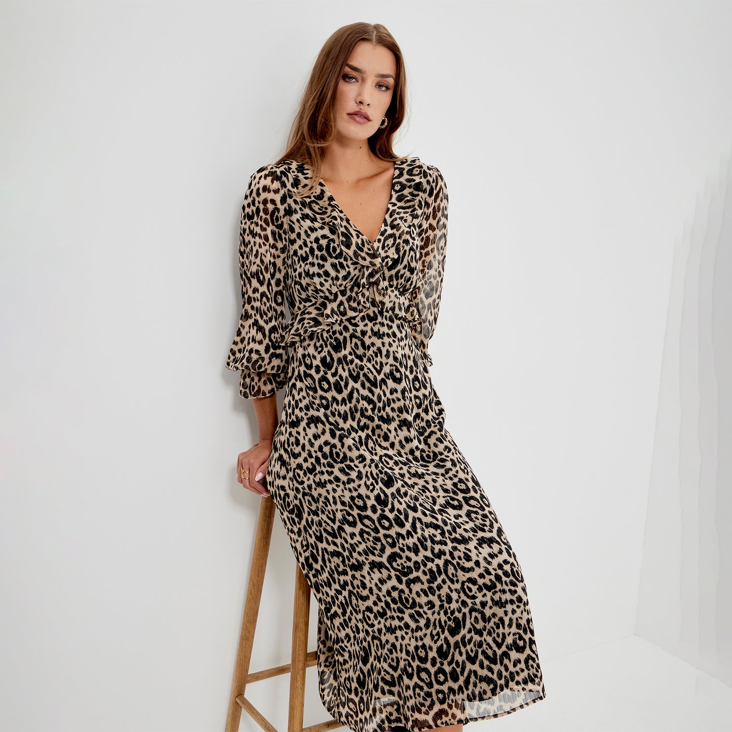 Veronica Natural Animal Ruffle Empire Waist Midi Dress