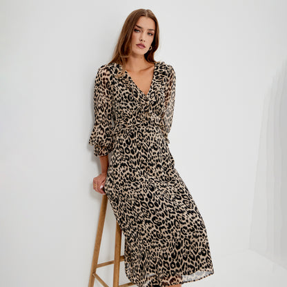 Veronica Natural Animal Ruffle Empire Waist Midi Dress