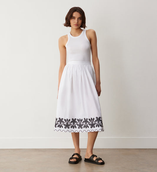 Yolanda White Cotton Embroidered Midi Skirt