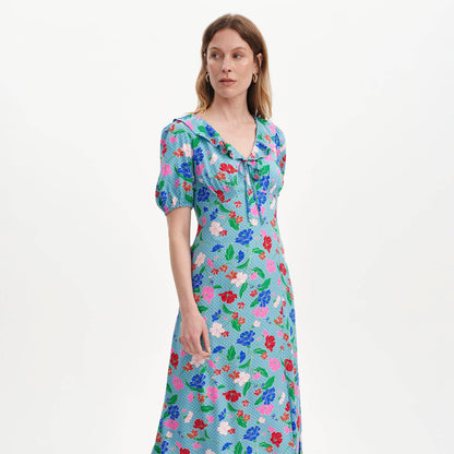 Zeffira Blue Floral Frill Collar Puff Sleeve Midi Dress
