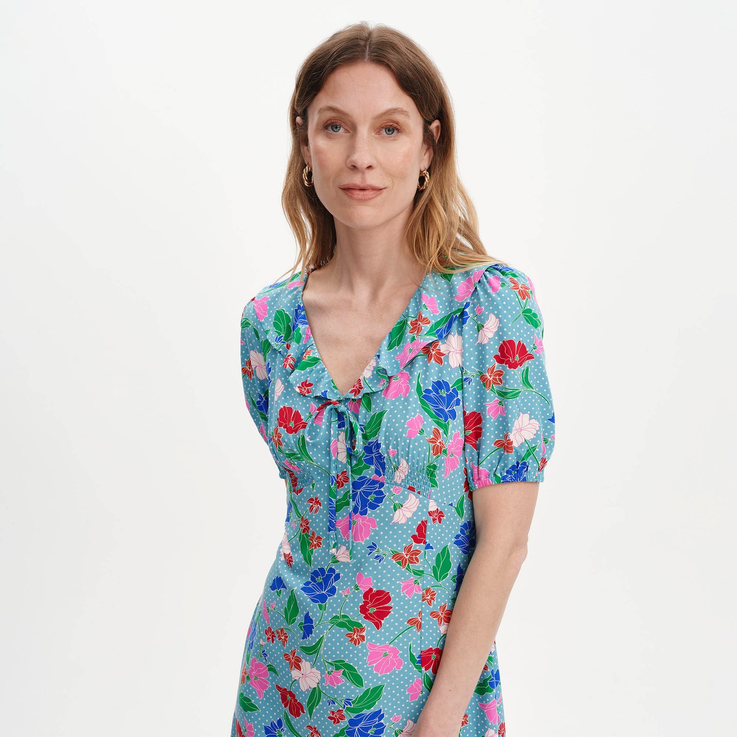 Zeffira Blue Floral Frill Collar Puff Sleeve Midi Dress